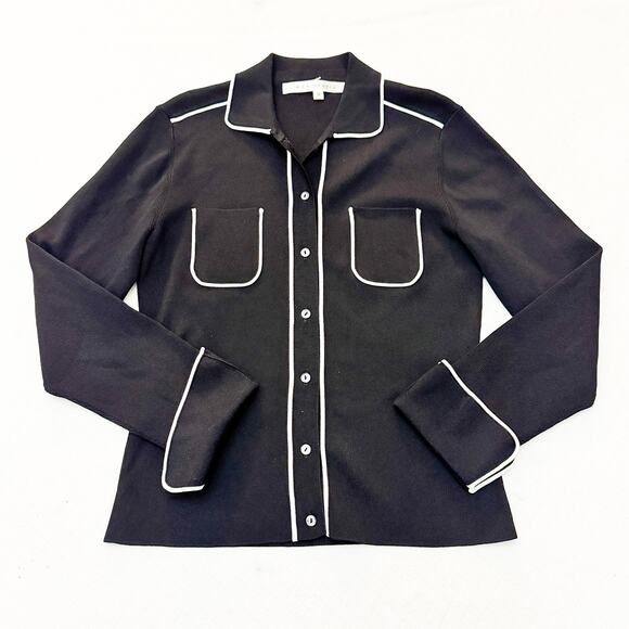 Max Studio Button Down Cardigan Jacket Size Black White Trim Medium - Picture 1 of 5